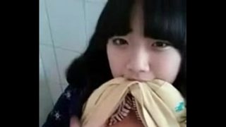 sweet teenie korean flashing tits and clit in public restroom